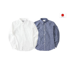 LESS - L/S NEP INDIGO BUTTON DOWN SHIRT (White, Navy)